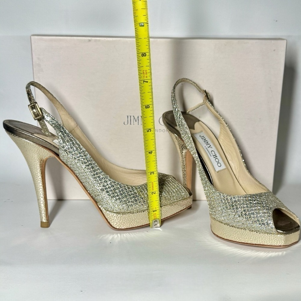 JIMMY CHOO CLUE GLITTER SLINGBACK PLATFORM PEEP TOE HIGH HEEL PUMPS SANDAL 37 - Picture 14 of 16